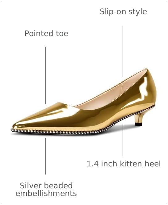 Image of Aachcol Womens Low Heel Pointed Toe Pumps Silver Beaded Kitten Heels Slip-on Comfortable Office Dress Shoes 1.4 Inches Heels