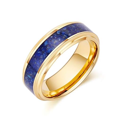 LerchPhi Mens 8mm Gold Tungsten Ring Natural Lapis Lazuli Carbide Wedding Band Promise Ring for Him Stepped Edge Comfort Fit