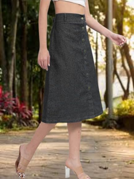 Image of Straight Stylish Comfortable Long Two Button Up Slit Dobby Denim Skirt for Women & Girls