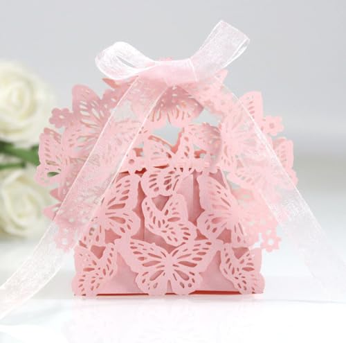 Lot de 50 boîtes à dragées de mariage - Papillon - Boîte à bonbons - Boîte cadeau - Boîte en papier - Pour mariage, fête, Noël - Rose