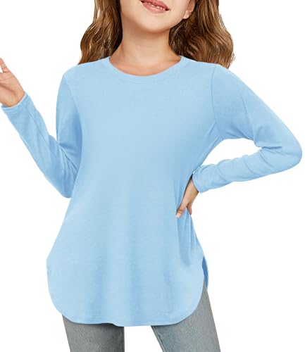 Image of Haloumoning Girls Long Sleeve T Shirts Kids Crewneck Tops 5-14 Years | Solid Color, Casual Loose Fit, Basic Tees, Curve Hem, Side Slit, Soft Tunic Tops, Fashion Clothes