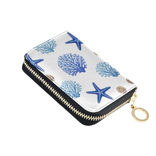 RFID Blocking Credit Card Holder Wallet Womens Small Leather Zipper Card and Cash Holder Blue Coral Starfish Shells White