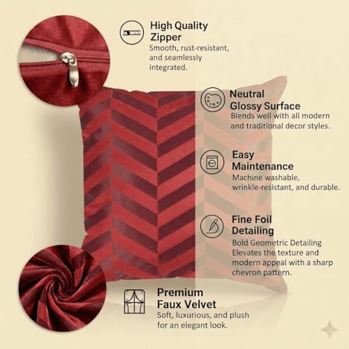 Image of TEXIVA Premium Velvet Cushion Covers Set of 5, 16x16 Inch Sofa Cushion Covers with Hidden Zipper, Modern Chevron Pattern - Red