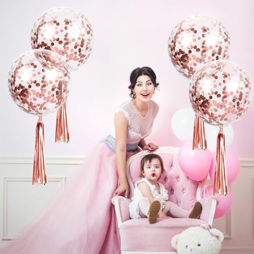 Image of Wanna Party 5 Pieces 24 Inch Jumbo Bubble Confetti Bobo Balloons Including Gold Confetti for Wedding Birthday Anniversary Christmas Decorations (Rose Gold)