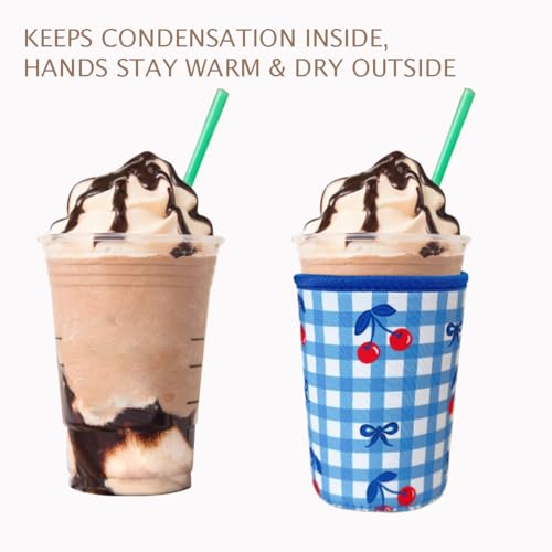Image of Reusable Insulated Neoprene Iced Coffee Cup Sleeve, Durable Drink Sleeve for Cold Beverages, Beverage Holder for Iced Coffee, Cherry Bows