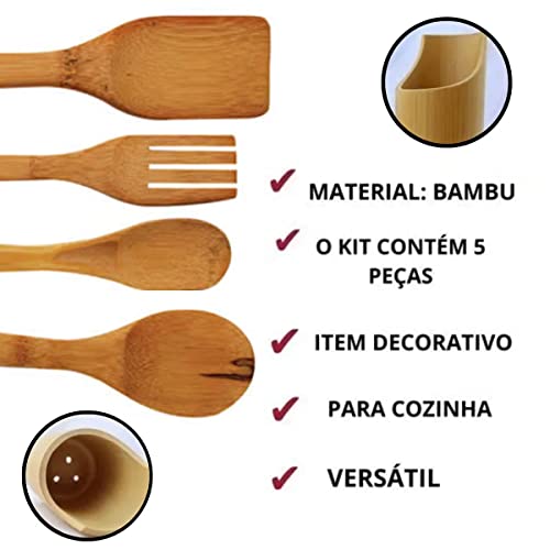 Jogo De Talheres Em Madeira Bambu Kit Conjunto 5 Peças Utensílios De Cozinha Espátula Colher Garfo F