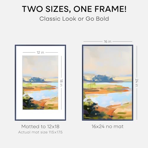 Image of Homeforia 16x24 Navy Blue Picture Frame, High End Metal 16x24 Poster Frames with Mat 12x18 inch Photo, 16 x 24 Navy Blue Frame Matted to 12 by 18 Print, 24x16 Frame, Tempered Glass, Wall Kit, Set of 1