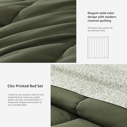 Image of Monbix Queen Comforter Set - 7 Pieces Olive Green Bed in a Bag Queen Track Stitching Bedding Sets, All Seasons Comforter Bed Set with Sheets,Pillowcases & Shams