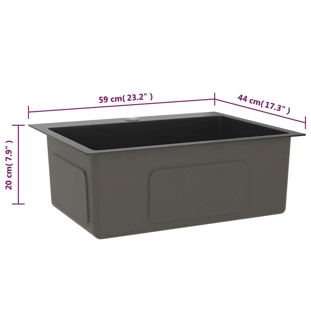 Lavello da incasso fatto a mano, in acciaio inox, nero, con foro per rubinetto, fonoassorbente, 59 x 44 x 20 cm, sottostruttura e installazione, scarico rapido dell'acqua, resistente alla