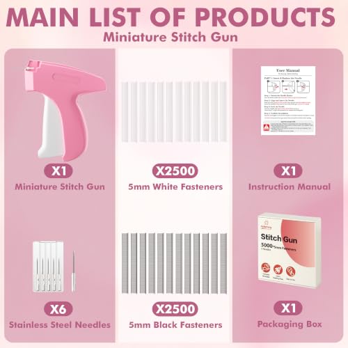 Image of Stitch Gun for Clothes, Tagging Gun, Quick Clothing Fixer, Pink | 5000 Fasteners, 0.04 inch Fine Needle, 6 Needles, Portable, Handheld, Compact, Lightweight, Easy to Use, Versatility, Durable