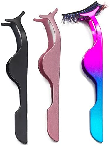 Eyelashes Tweezers Professional Eyelash Extension Curlers 3PCS False Eyelash Applicator Tool Remover Clip Stainless Steel(Black, Champagne Purple,Assorted Color)
