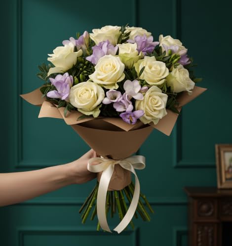Rose & Freesia Flower Bouquet of Fresh Real Flowers Bouquet - White Roses, Lilac Freesia and Lush Foliage - Perfect for any Birthday, Anniversary, or say Thanks