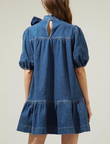 Women Summer Puff Short Sleeve Denim Dress Mock Neck Babydoll Jean Dress with Bow2