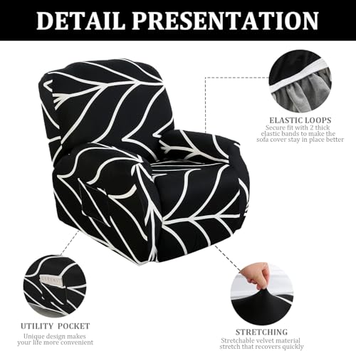Image of House of Quirk Polyester Recliner Slipcover - 4 Pieces Stretch Printed Chair Covers With Side Pocket, Anti-Slip Fitted Sofa Cover, Furniture Protector - Black Onyx