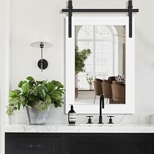 Lovmor farmhouse mirror wall mounted rustic 2230 inspirational barn door mirror with white wooden frame rectangular mirror for wall decorative entryway bathroom living room bedroom  urban country home decor