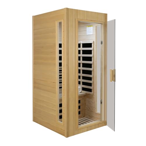 Kanlanth 1 Person Sauna, Low EMF Infrared Saunas for Home, 1,300Watt, Side Glass Window Indoor Sauna with Rapid Heating 5 Carbon Panels, LED Reading Lamp, Bluetooth, Control