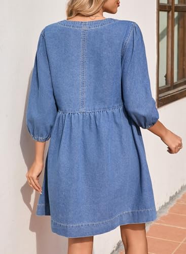 Image of Sidefeel Women's Spring Outfit Denim Dress 3 /4 Sleeve Loose Fit Square Neck Summer Jean Dresses with Pockets