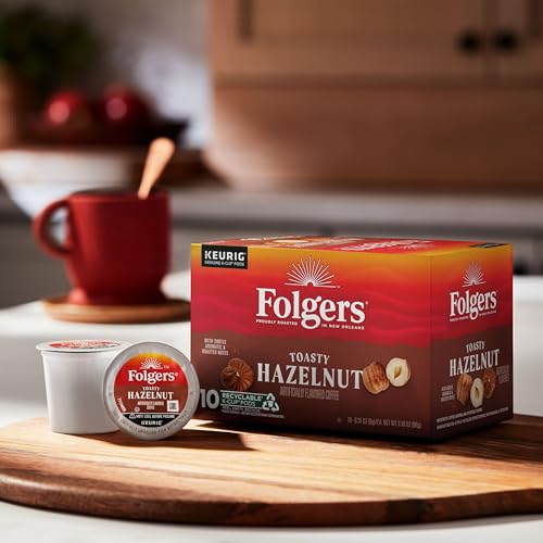 Image of Folgers Toasty Hazelnut Artificially Flavored Coffee, K-Cup Pods, 60 Count | 6 (10 count) boxes, Medium roast coffee, Genuine K-Cup pods made to brew with your Keurig coffee maker