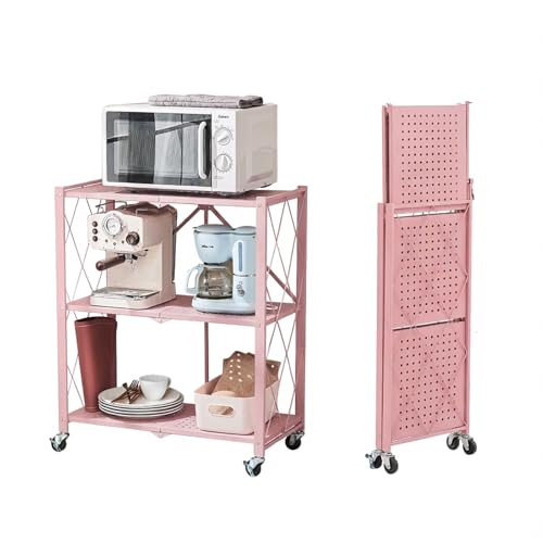 Image of BRIAN & DANY 3-Tier Foldable Storage Shelves with Wheels, No Assembly Folding Shelf Metal Rack, Shelving Unit for Kitchen, Garage, Pink