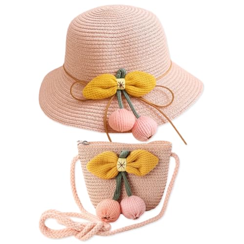 2 peças Chapéu de sol para meninas e mini mala de palha, decoração de pompom chapéu de palha menina princesa chapéu para viagens ao ar livre férias praia, c, Tamanho único
