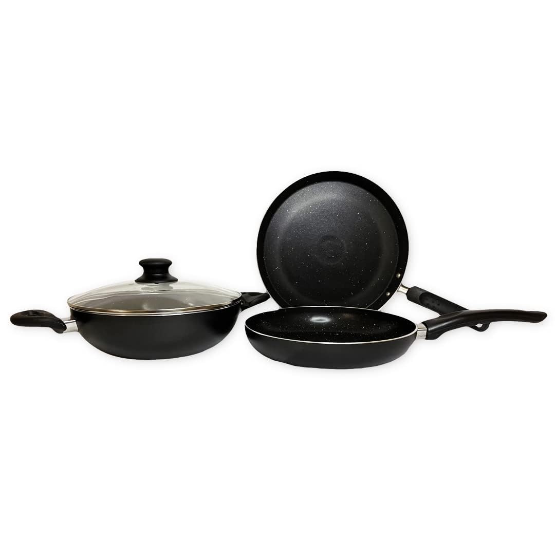 Heart Home Kitchen Combo Set | Hard Anodised Tawa 2.8 mm | Non Stick Kadai | Frying Pan Non Stick with Lid | Stove & Induction Cookware | Non Stick Set Combo | Medium | Set of 3 | Black