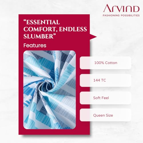 Image of Arvind Bedsheet Set - 100% Cotton Bedsheet for Double Bed (1 Queen Size Bedsheet with 2 Pillow Covers) Soft Breathable, 144 Thread Count - Slumber -Shade 4 (21023-A)