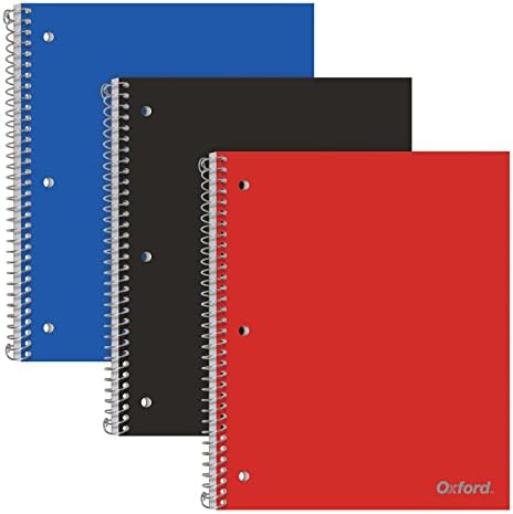 Oxford Spiral Notebooks, 1 Subject, College Ruled Paper, Durable Plastic Cover, 100 Sheets, Divider Pocket, 3 per Pack (10390), Red, Black and Blue
