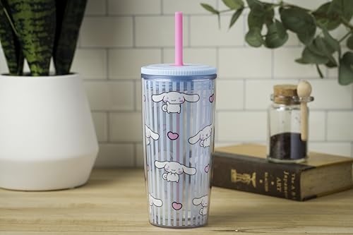 Image of Silver Buffalo Sanrio Hello Kitty Cinnamoroll, Tumbler with Straw, 20oz | Hello Kitty and Friends, Hearts and Blue Stripes, Plastic Cold Cup, Includes Lid, 0.59 Liters