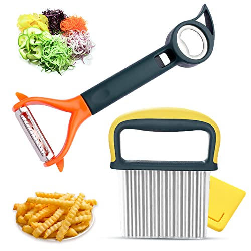 2 peladores ondulados y pelador de verduras, 7 en 1, pelador de juliana con abrebotellas, cuchillo ondulado para patatas fritas, pelador de acero inoxidable Cover