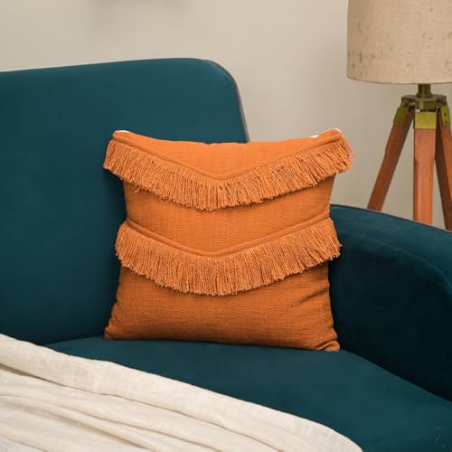 Image of Cotton Cushion Covers 18 inch x 18 inch | Boho Shaggy Square Decorative Cushion Cover for Bedroom | Hand Made Boho Throw Pillow Cover for Sofa (Set of 1, 18 * 18)