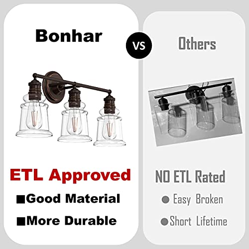 Bonhar Oil Rubbed Bronze Bathroom Vanity Light Fixtures 3 Light, Antique Vanity Lights For Bathroom With Clear Glass Shade, Vintage Vanity Lighting Fixtures (Bulb Not Included) #TOP1