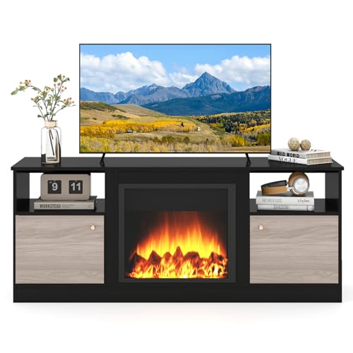 GIANTEX Meuble TV avec Cheminée Électrique Modulable, Console de Rangement avec Éclairage LED RGB Télécommandé, Banc TV Jusqu'à 65'', Étagères...