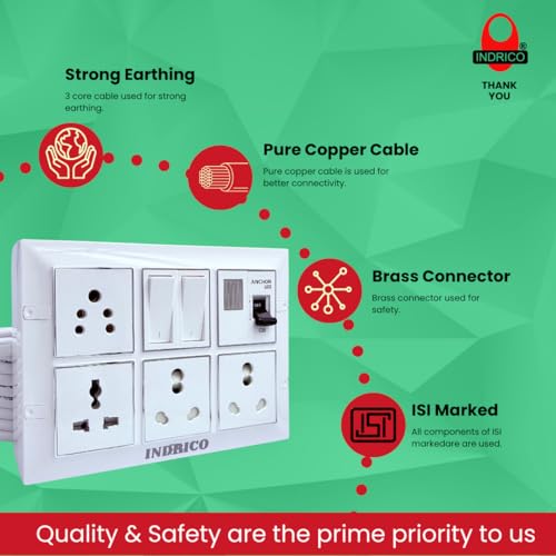 Image of INDRICO 16amps Multi Socket Extension AC Switch Board 15amp with MCB 20A 15A 6A Multi Outlet Box Plug with Copper Cord Heavy Duty Wall Mounted White Pack of 1 (5 Meter 4MM (5000W))