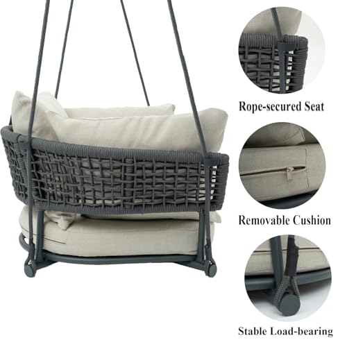 Image of Single Porch Swings Chair with Cushions, Hanging Rope Swing, Hanging Chair for Bedroom, Hammock Chairs Swing Indoor & Outdoor, Macrame Hanging Swinging, Patio, Balcony, Beige