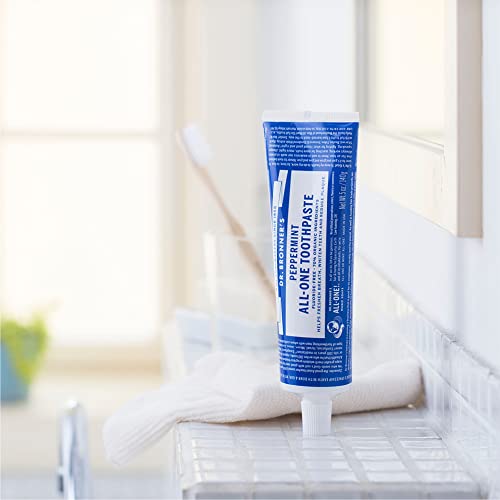 Image of Dr. Bronner's All-One Toothpaste- Peppermint & Spearmint, 5 oz, 2-Pack- Fluoride-Free Toothpaste for Adults, 70% Organic & Natural Ingredients, Vegan, Helps Freshen Breath, Reduce Plaque, Whiten Teeth