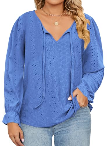 Image of DOLNINE Plus Size Tops for Women V-Neck Puff Long Sleeve Eyelet Drawstring Shirts