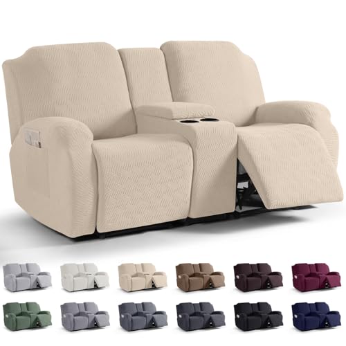 Image of KinCam Loveseat Recliner Covers with Middle Console Slipcover, Recliner Sofa Covers 2 Seat Couch Cover Stripe Jacquard Furniture Protector Covers with Elastic Bottom for Kids, Pets (Vanilla)