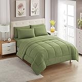 Sweet Home Collection 7 Piece Comforter Set Bag Solid Color All Season Soft Down Alternative Blanket & Luxurious Microfiber Bed Sheets, Sage, Full