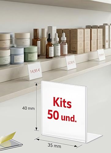 Porta Precios PET Transparente Adhesivo Pack 50 Unidades Sistema Profesional Señalización Retail Moderna Soporte Etiquetas Estanterías Comercio 2 Tamaños Disponibles (40x35mm)