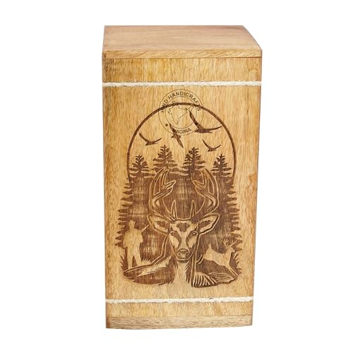 Image of Handcrafted Floral Engraved Wooden Urns for Human Ashes Adult Large - Cremation Urn for Ashes - Burial Urn for Columbarium - Funeral Urn Box (Buck Deer Hunting, 250 LB - Hardwood)