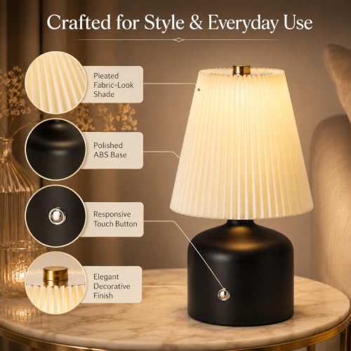 Image of One94Store Pleated Shade Table Lamp Touch Control Dimmable with 3 Light Modes (Warm, White, Neutral) USB Rechargeable Decorative Desk Lamp for Bedroom & Living Room