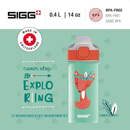 SIGG - Alu Trinkflasche Kinder - Miracle Peaceful - Mit Trinkhalm - Auslaufsicher - Federleicht - BPA-frei - Klimaneutral Zertifiziert - Schule & Sport - Wassergrün & Orange mit Fuchs - 0,4L