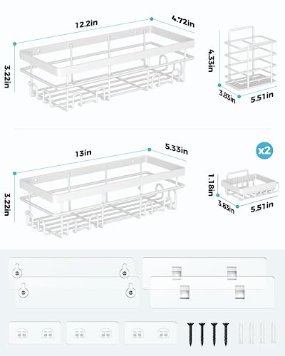 Pokipo Shower Caddy 5 Pack, Adhesive Shower Organizer With Soap Dishes & Toothbrush Holder & 20 Hooks, Large Rustproof Stainless Steel Bathroom Shower Shelf For Inside Shower Storage Decor, White #TOP5