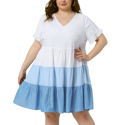 Image of Agnes Orinda Women's Plus Size Babydoll Ruffle Short Sleeve Casual Loose Flowy Swing Hem Chambray V Neck Mini Dress