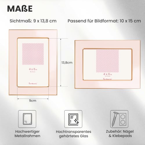 Fun Memories Bilderrahmen, 10,2 x 15,2 cm, rosa Emaille-Glas, mit goldfarbenem Metallrand und Staffelei für die Präsentation von… – Ansicht 4