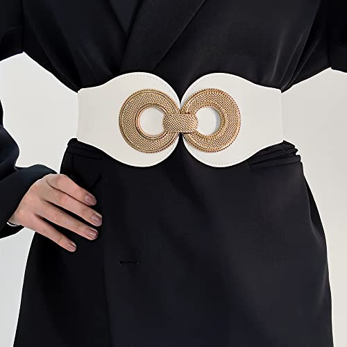 YOU&M Women's Leather Wide Elastic Waist Belt Classic with Large Gold Buckle for Corset Dress Belt2