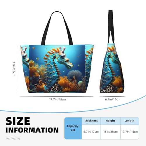 Blue Seahorse Large capacity beach bag with zipper, perfect for grocery bag pool gym travel shopping foldable beach travel bag,4
