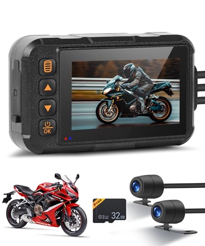 Dual Channel Dash Cam for Motorcycle, 3' HD IPS Screen, 720P Front and 480P Rear, Parking Monitoring, G-Sensor, Motion Sensing, Loop Recording, IP67 & HDR, for All Motorcycles