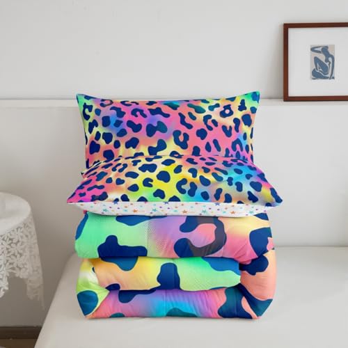 Image of Leopard Print Comforter Set Africa Cheetah Print Bedding Set Rainbow Leopard Design Down Alternative Comforter for All Season for Boys Girls Kids Women Room Decor Safari Animal Duvet Set Twin Size
