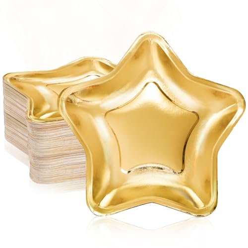 Tlence 100PCS Star Shape Paper Plates 9.5 Inches Disposable Pentagram Dinnerware Gold Twinkle Star Paper Tableware Set for Dessert Birthday Graduation Wedding Halloween Christmas Supplies